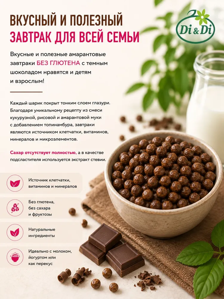Завтраки амарантовые "Di&Di" в шоколадной глазури, 250г