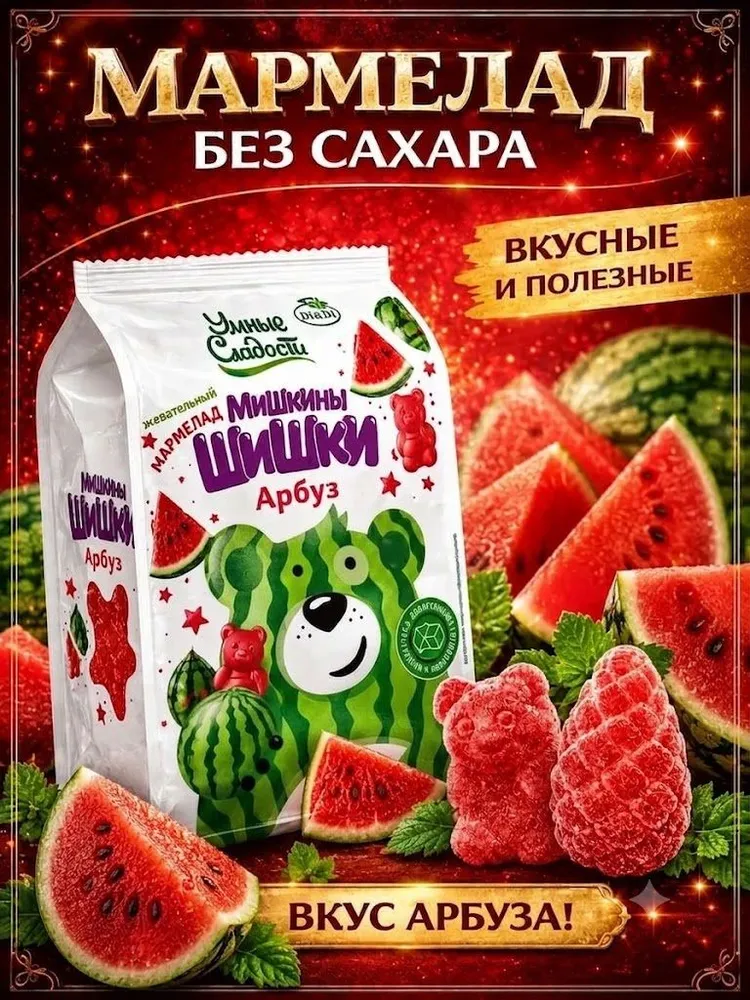 Жевательный мармелад без сахара Умные сладости Мишкины Шишки Арбуз 150 грамм